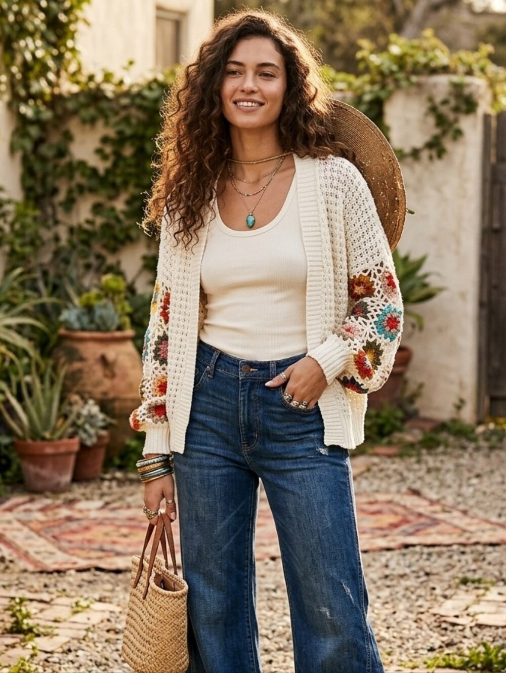 Dreamers Open-Front Crochet Cardigan with Multicolor Floral Sleeves